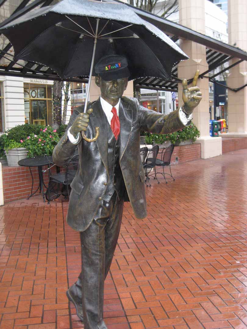 pioneer square statue in rain