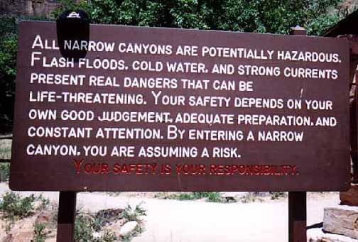 Zion Narrows warning sign.  DANGER!